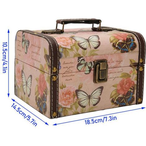 Coffre au trésor - Vintage - Papillon rose - Bois composite - Cuir PU - 18,5 x 14,5 x 10,5 cm (1/5)