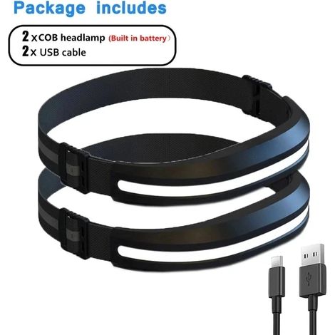 (Lot de 2 noirs) Lampe frontale COB portable et puissante - Rechargeable par USB - Projecteur pour le camping et la pêche en extérieur (1/5)