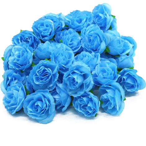 50 têtes de roses artificielles en soie réutilisables, bleues, décoratives pour mariages et fêtes. (1/5)