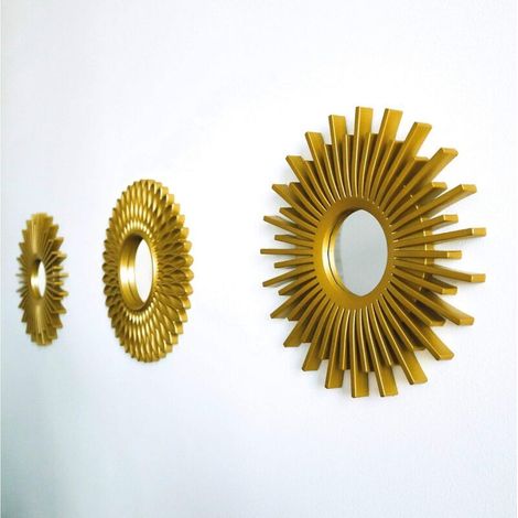 Miroir Murale 3 Pièces Miroir Rond pour Decoration Murale dans Maison, Salon et Chambre Miroir Soleil Accrocher au Mur Original Cadeau Femme et Maman Miroir Doré pour Décoration (1/4)