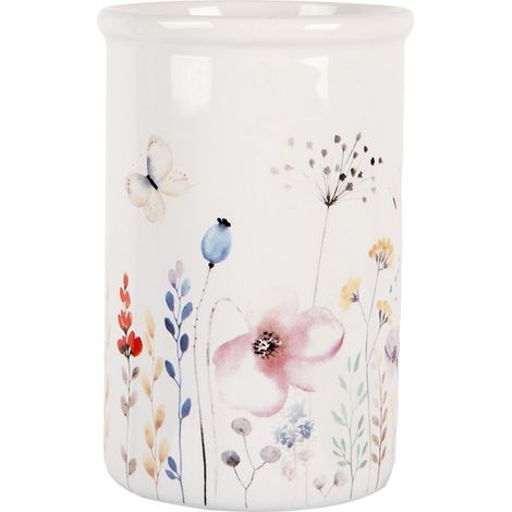 Gobelet Porte-Brosse à Dents en Céramique Blanche à Motif Fleurs pour Salle de Bain 8 x 12 cm - PANGIVO (1/3)