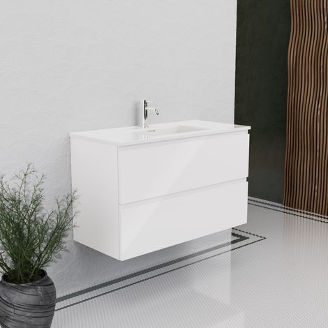 Inda - Badezimmerschrank B.100 mit glänzendem Waschbecken / Hochglanzweiß 2 Schubladen - Rubin (1/5)