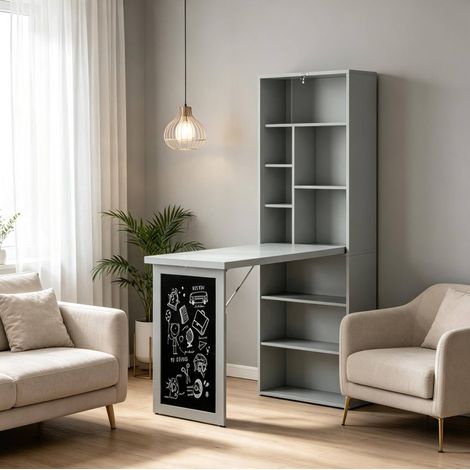 REDOM escritorio plegable 98x51x153 cm, con 9 compartimentos y pizarra lateral, MDF negro y gris oscuro (1/5)