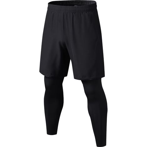 Pantalon de sport 2 en 1 pour homme - Legging extensible et respirant pour running, fitness et activités extérieures avec poches - Noir Taille L (1/5)