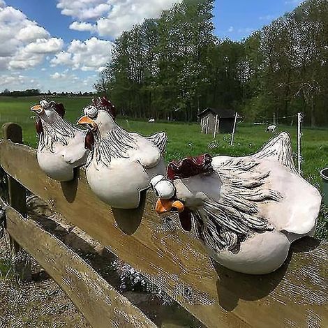 Lot de 3 statues décoratives amusantes de poules en résine pour clôture, escalier de jardin, ferme, patio, cour arrière. (1/5)