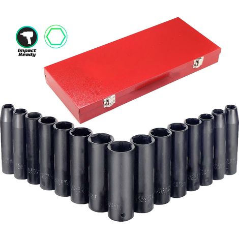 Juego de vasos de impacto largos de 1/2" de 6 caras de 15 a 30mm, 15 piezas (1/4)