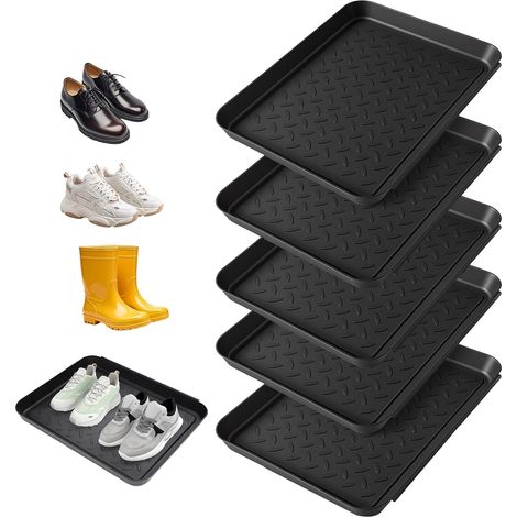 Juego de 5 bandejas para zapatos - 35 x 27,5 x 3 cm - Plástico - Con borde elevado - Alfombrilla de drenaje para zapatos - Pequeña bandeja antideslizante para zapatos, apta para uso interior y exterio (1/5)