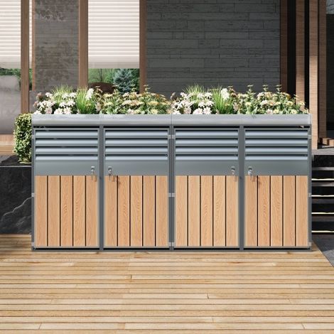 Mülltonnenbox ,Lüftungsöffnung mit Lamellen, trash storage compartments,Abschließbar, Vier Türen,Pflanzfläche