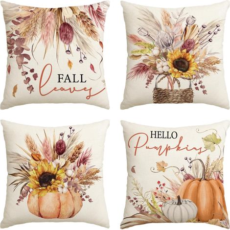 Fundas de cojín otoñales con estampado de calabazas y espigas de trigo, 45 x 45 cm (juego de 4), ideales para sofá, sillón, salón o casa de campo. (1/5)