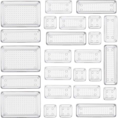 Tigrezy, Set di 25 organizer trasparenti per cassetti, con 4 misure di scatole portaoggetti in plastica, organizer per trucchi trasparente antiscivolo per il bagno, cosmetici (1/4)