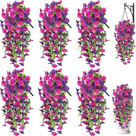 Set de 6 fleurs artificielles suspendues – Ipomée en soie avec feuilles d'eucalyptus – Violet et fuchsia – Résistantes UV – Terrasse et jardin (1/5)