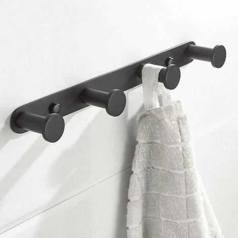Wall Mounted Towel Hook with Hooks 304 Stainless Steel Wall Mounted Towel Rack Hooks for Bathroom and Kitchen Doors (4 Hooks, Black) (1/5)