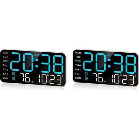 2X Horloge Murale Numérique de 8,4 Pouces, Réveil à LED avec Gros Chiffres, Date, Température, Heure D'Été, pour Chambre, Cadeau, Bleu (1/4)