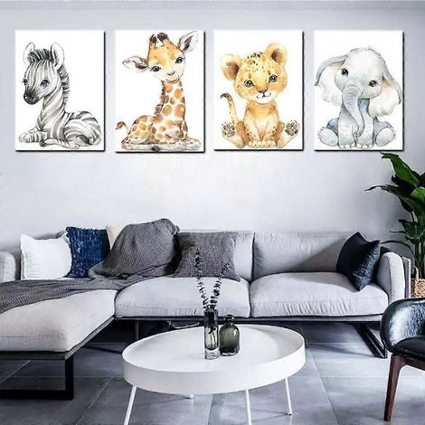 Affiche murale sur toile représentant le monde animal, dessin aquarelle simple et mignon, idéal pour décorer le salon, la chambre, le bureau et la chambre d'enfant (lot de 4). (1/5)
