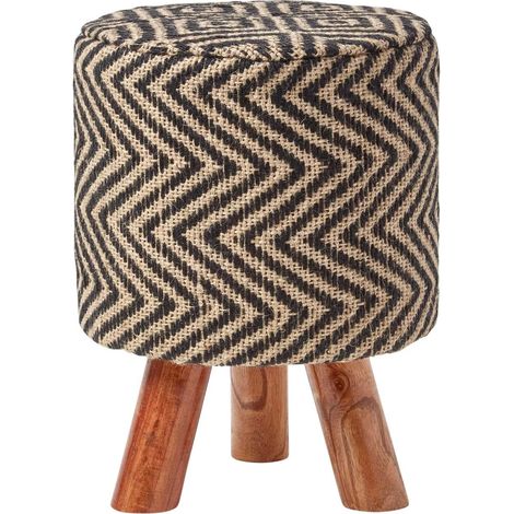 HOMESCAPES Jute-Hocker rund mit Holzbeinen – Ethno-Muster Schwarz-Natur, 32 x 32 x 42 cm