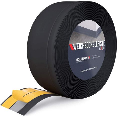 HOLZBRINK Weichsockelleiste selbstklebend PVC 70x20mm, 5 m  Winkelleiste selbstklebend für Kantenschutz  Sockelleiste Ecken PVC  Farbe: Schwarz
