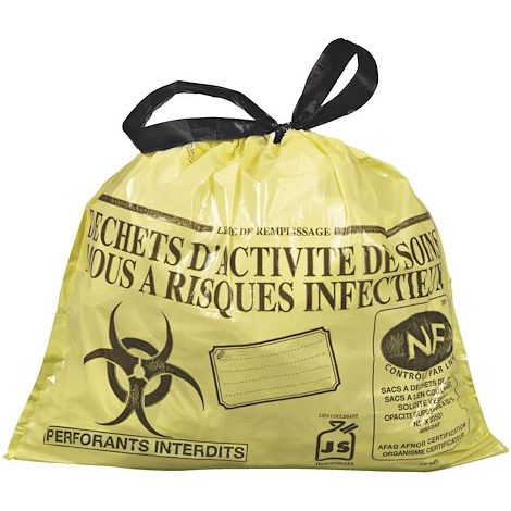 Sac poubelle 15 litres NF Hostosacs déchets hospitaliers liens coulissants - carton de 500 - Maxiburo
