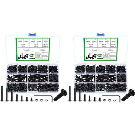 Lot de 1520 vis M4 à six pans creux - Assortiment de vis à tête bombée avec rondelles - Vis à tête ronde - Noir (1/5)