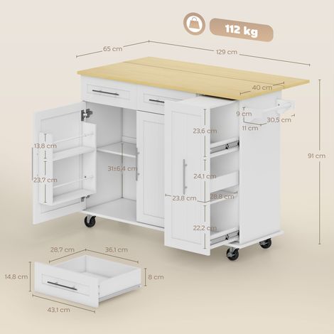 Îlot de cuisine mobile, plan de travail extensible, portes de placard, tiroirs, porte-serviettes, desserte de cuisine en MDF, blanc (1/5)