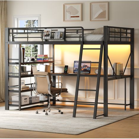 Letto a soppalco 140x200 cm in metallo con scrivania, LED, USB, nero DESVIAE (1/5)