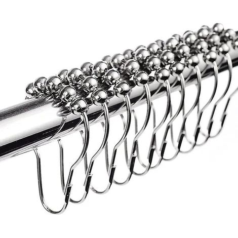 Ensemble de 12 anneaux de rideau de douche, en acier inoxydable chromé avec billes coulissantes, argenté, 69 x 39 mm, pour tringles jusqu'à 28,5 mm de diamètre. (1/4)
