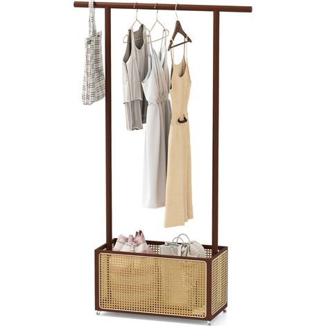 Appendiabiti con cesto di stoccaggio in rattan e ruote per spazi piccoli, Porta abiti in bambù camera da letto Marrone (1/4)
