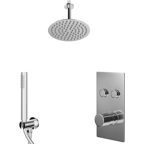 Circo Polished Chrome Push Button Diverter Concealed Thermostatic Shower Valve and 200mm Round Head with 150mm Ceiling Arm and Outlet Holder with Kit - 2 Outlet (1/5)