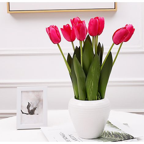 Tulipes Tianshan en pot (12 têtes), fleurs artificielles d'intérieur, tulipes simulées, décorations de table, compositions florales - Rouge coucher de soleil (1/5)