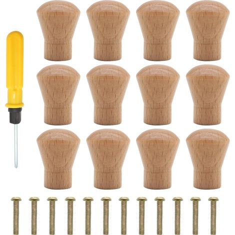 12 Pièces Bouton de Meuble en Bois, Poignée Ronde, Poignées de Placard Avec Vis, Pour Porte de Tiroir, Cuisine, Bureau, Armoires, Commode (A) (1/5)