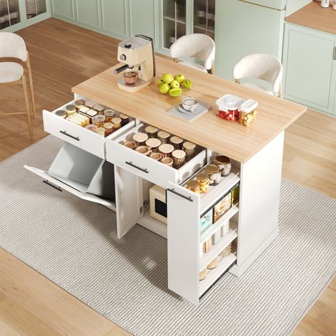 Îlot de cuisine gris sur roulettes 120x45-70x93 cm avec plan rabattable, meuble poubelle, épicier 4 niveaux et 2 tiroirs -Blanc