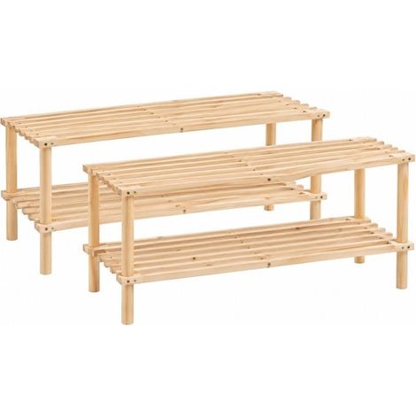 Lot de 2 Étagère à Chaussures en Bois de Sapin Naturel à 2 Niveaux à Lattes-Longueur 64 x Profondeur 26 x Hauteur 30 cm (1/5)