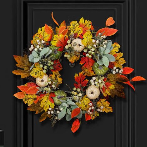 Couronne d'automne 40cm, feuilles givrées et citrouilles, décoration murale et porte pour Halloween, Thanksgiving et Noël, suspension saisonnière. (1/4)