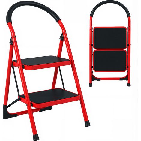 Échelle domestique - Échelle pliante 2 marches - avec accoudoirs - Pédales élargies - Semelles antidérapantes - Structure triangulaire - Max:150KG - 47×48×86cm - Rouge - FLASIDU (1/5)
