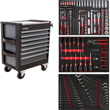 Servante d'atelier STIER Premium avec plan de travail en acier inoxydable, garnie, 223 pièces