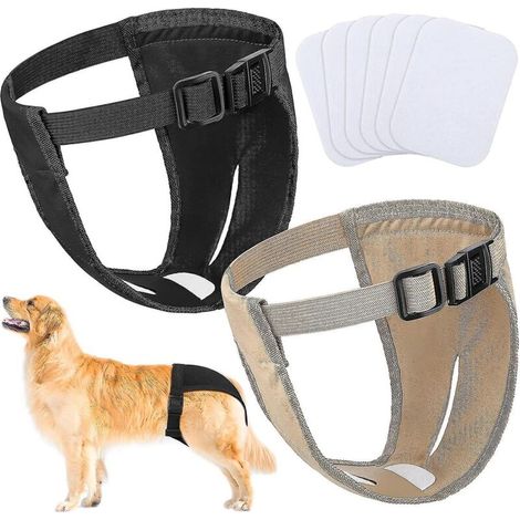 Lot de 2 culottes pour chiennes avec 6 protections hygiéniques, ajustables et lavables, pour chiennes en chaleurs (saignements mensuels). (1/5)