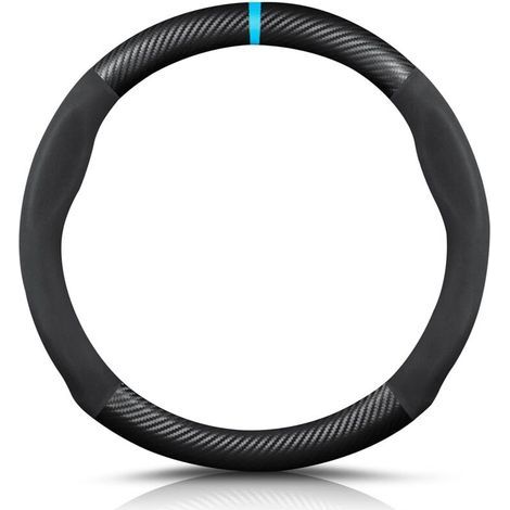 BUNTHAUS Runde Lenkradhülle aus Carbonfaser und Mikrofaser-PU-Leder, rutschfest, atmungsaktiv, für Sportwagen mit 38 cm (15 Zoll) Durchmesser – Schwarz/Blau
