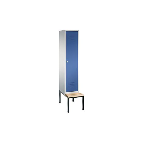 Garderobenschrank, untergeb. Sitzbank, BxTxH 420x500x2090 mm, 1 Abteil, Abt.B 400 mm, Holzleisten, Drehriegel, RAL 7035/5010 (1/2)