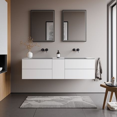 BERNSTEIN - Meuble vasque suspendu MDF Blanc laqué, lavabos en Fonte Anthracite mat, 5 tiroirs poussoir & Soft-Close - 160x52x45cm - ARCTIC