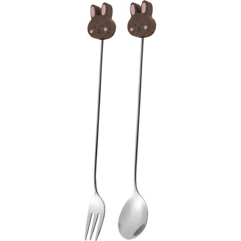 ensemble fourchette et cuillère en acier inoxydable avec motif lapin en noyer pour café et miel lot de 2 (1/5)