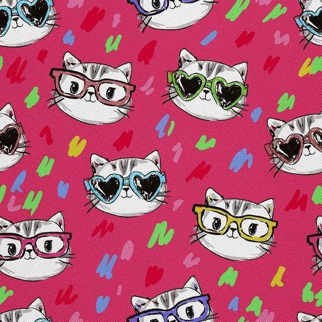 Tissu d'extérieur décoratif Oxford - motif chaton à lunettes sur fond rose I DX468 (1/5)