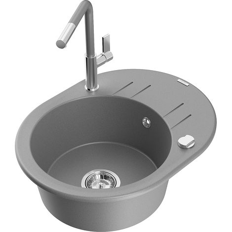 Mexen Kevin fregadero de granito de 1 c谩mara con escurridor y grifo de cocina Flora, gris - 6517-71-670401-06 (1/5)