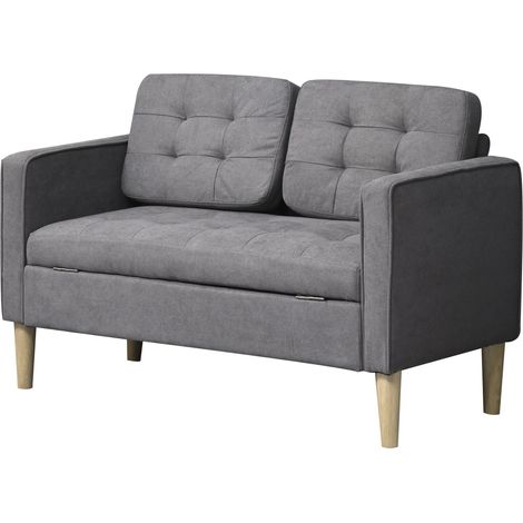 Modern 2 Seater Sofa  Hidden Storage, 117cm Tufted Cotton Couch  Wood Legs, Compact Loveseat for Living Room, Kitchen, Grey (1/5)