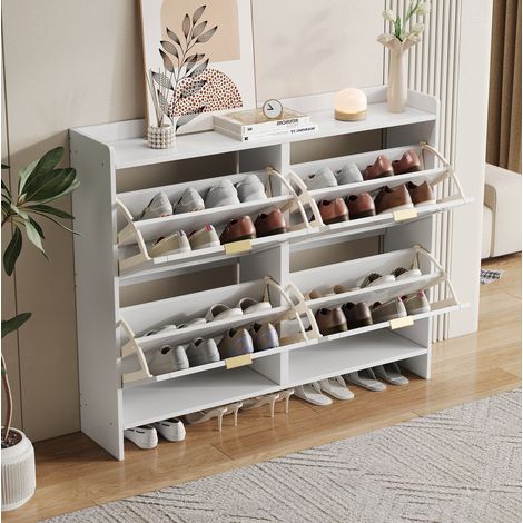 Zapatero de aglomerado blanco 110 x 24 x 90 cm, 4 compartimentos abatibles, baldas regulables y huecos abiertos (1/5)