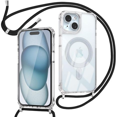 Coque pour iPhone 15 avec Cordon Compatible avec MagSafe, Housse Magnétique Transparente Étui avec Collier Réglable Résistant Silicone Case, Chaîne Noir (1/5)