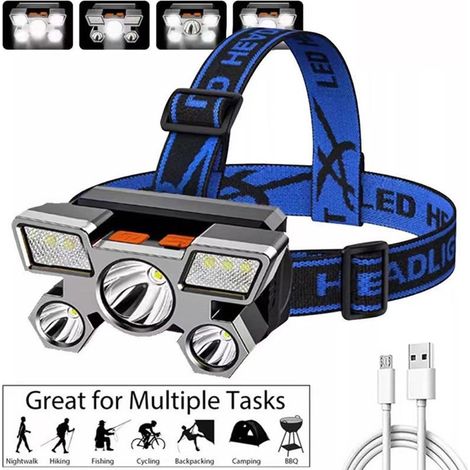 Leistungsstarke, wiederaufladbare LED-Stirnlampe, wasserdichte Stirnlampe mit großer Reichweite, Outdoor-Beleuchtung zum Angeln, Wandern und Campen, blaues Stirnband, silberner Lampenkopf (1/5)