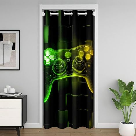 Rideau de Porte 86x203 Garcon Gaming, Rideaux Occultant Enfant Gamer Decoration Chambre Ado, Rideau de Placard Jeux Vidéo, Rideaux Intérieurs Carrée Géométrique Lumineuse Au Néon - 86L X 203H cm (1 Pa (1/5)