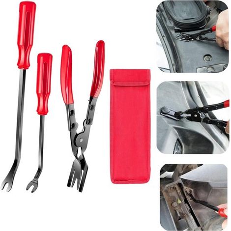 Desmontaje de 3 piezas: Alicates para extraer clips de coche, abrazaderas de fijación, palanca, kit de reparación de coche, Color rojo (1/5)