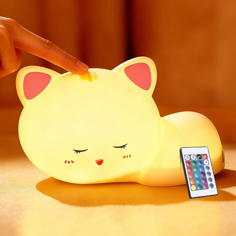 Lámpara de noche infantil con control táctil, 16 niveles de brillo, temporizador de 30/60 minutos, recargable, de silicona, con forma de gato, ideal como lámpara decorativa para el dormitorio. (1/5)