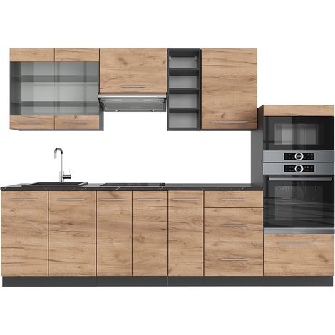 Cucina componibile Fame-Line, Rovere dorato/antracite, 280 cm senza piano di lavoro, Vicco