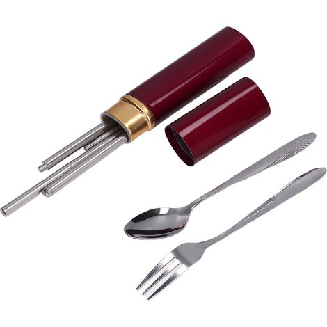 Cuillère, baguettes, fourchette en acier inoxydable - lot de 3 couverts portables créatifs en forme de pot à crayons pour extérieur (modèle AT6362, avec sachet PE). (1/5)